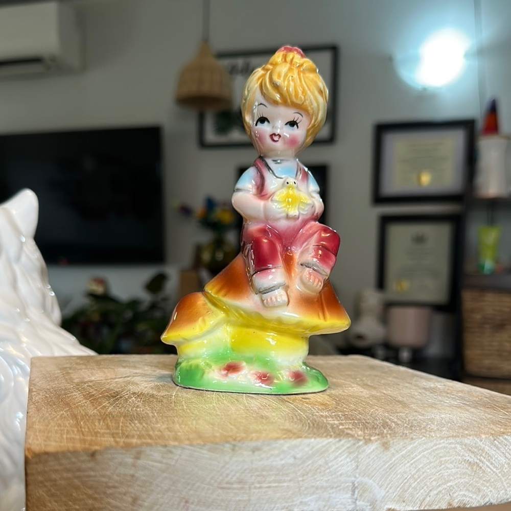 VINTAGE | Kitsch Whimsical Charming Ceramic Figurine on Mushroom